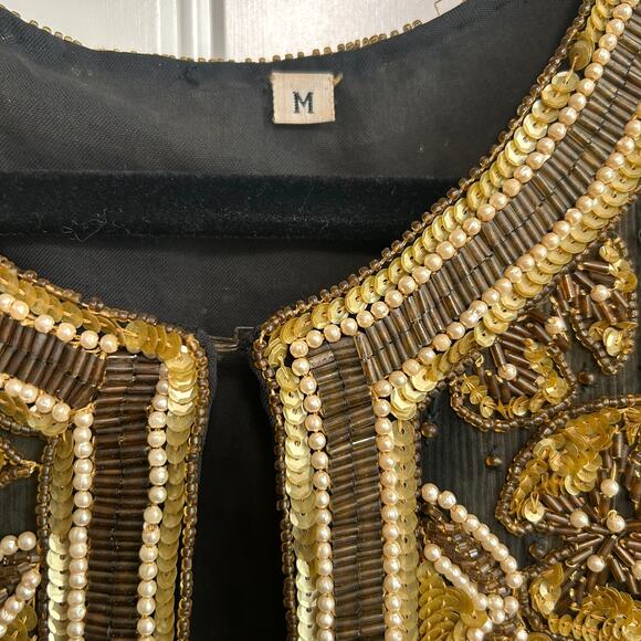 Vintage Handmade Silk Beaded Jacket M Gold India Wearable Art Collector Piece - Picture 9 of 16